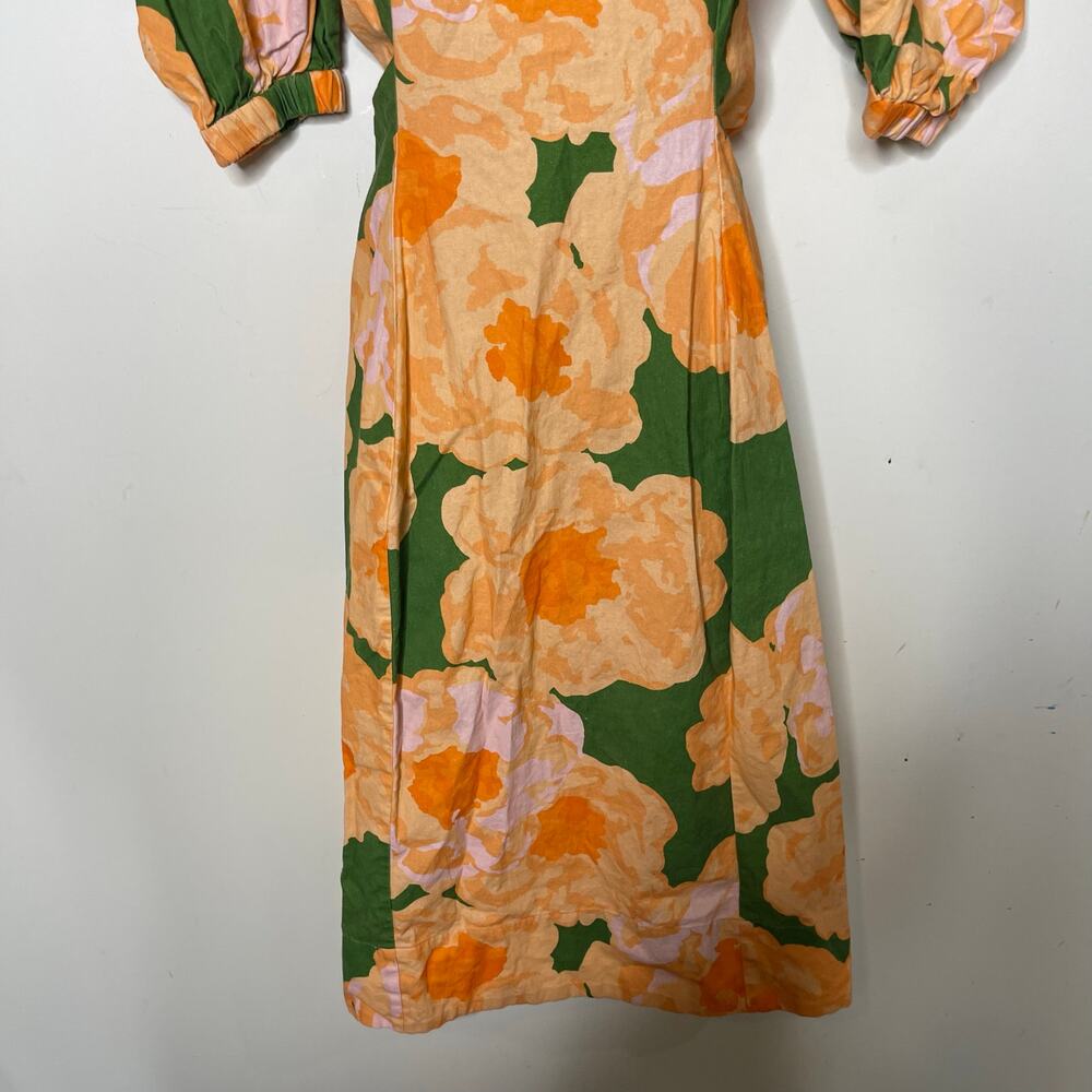 Eudon Choi linen blend Orange Green Floral Puff Sleeve Midi Dress sz 2 - Picture 5 of 8